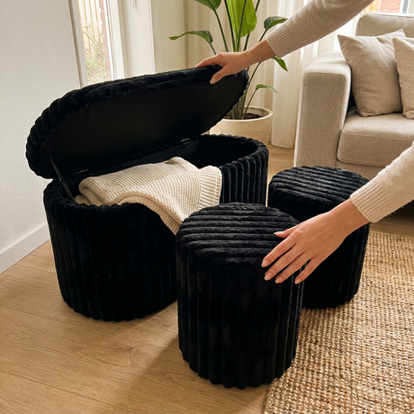 Banqueta & Puffs Storage Velvet Negro (Set x3)
